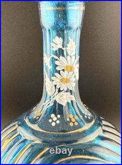 Vintage Empoli Italy Blue Glass Decanter Hand Painted Rare Glows