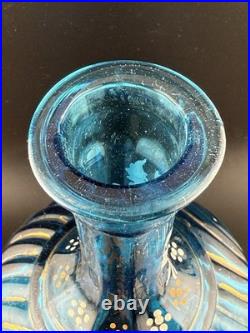 Vintage Empoli Italy Blue Glass Decanter Hand Painted Rare Glows