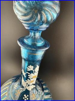Vintage Empoli Italy Blue Glass Decanter Hand Painted Rare Glows