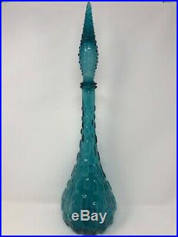 Vintage Empoli Italy Decanter Blue Bubble Genie Bottle Blown Glass Mid Century