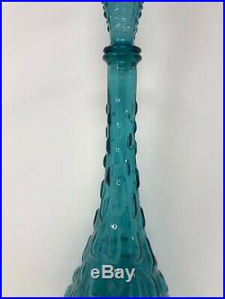 Vintage Empoli Italy Decanter Blue Bubble Genie Bottle Blown Glass Mid Century