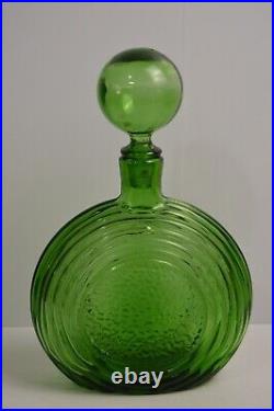 Vintage Empoli Ribbed Circular Decanter Green Geometrics Italy Glass MCM Barware