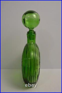 Vintage Empoli Ribbed Circular Decanter Green Geometrics Italy Glass MCM Barware