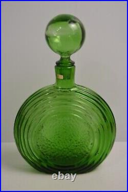 Vintage Empoli Ribbed Circular Decanter Green Geometrics Italy Glass MCM Barware