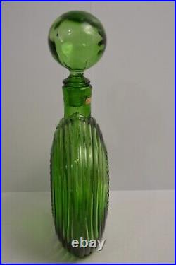 Vintage Empoli Ribbed Circular Decanter Green Geometrics Italy Glass MCM Barware