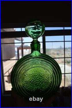 Vintage Empoli Ribbed Circular Decanter Green Geometrics Italy Glass MCM Barware