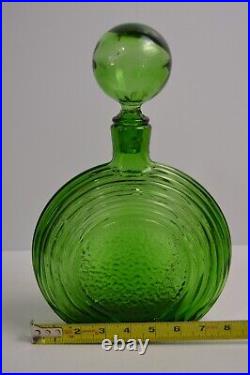 Vintage Empoli Ribbed Circular Decanter Green Geometrics Italy Glass MCM Barware