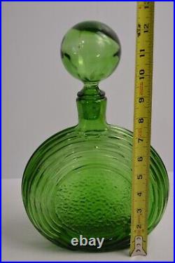 Vintage Empoli Ribbed Circular Decanter Green Geometrics Italy Glass MCM Barware