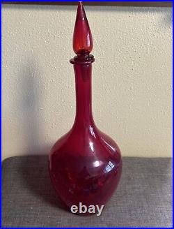 Vintage Empoli Ruby Red Hand Blown Glass Decanter with Stopper 23 Tall