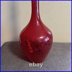 Vintage Empoli Ruby Red Hand Blown Glass Decanter with Stopper 23 Tall