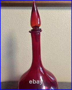 Vintage Empoli Ruby Red Hand Blown Glass Decanter with Stopper 23 Tall