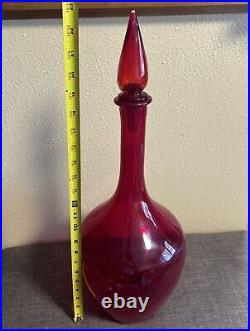 Vintage Empoli Ruby Red Hand Blown Glass Decanter with Stopper 23 Tall