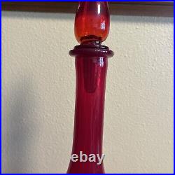 Vintage Empoli Ruby Red Hand Blown Glass Decanter with Stopper 23 Tall