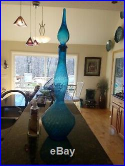 Vintage Empoli Teal Blue Genie Bottle Glass Decanter Stopper 27 TALL GORGEOUS