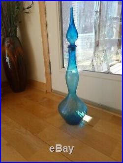 Vintage Empoli Teal Blue Genie Bottle Glass Decanter Stopper 27 TALL GORGEOUS