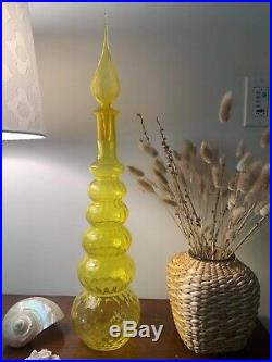 Vintage Empoli Yellow Optic Genie Bottle Decanter Mid Century Modern 23 1/2 MCM