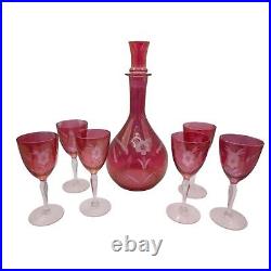 Vintage Etched Cranberry Pink Decanter Set with Glass Stopper + 6 Footed Glasses