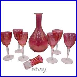 Vintage Etched Cranberry Pink Decanter Set with Glass Stopper + 6 Footed Glasses