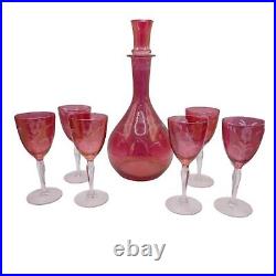 Vintage Etched Cranberry Pink Decanter Set with Glass Stopper + 6 Footed Glasses