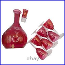 Vintage Etched Cranberry Pink Decanter Set with Glass Stopper + 6 Footed Glasses