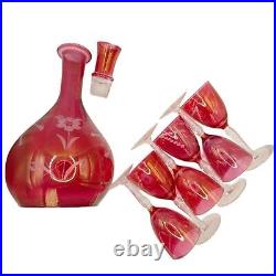 Vintage Etched Cranberry Pink Decanter Set with Glass Stopper + 6 Footed Glasses