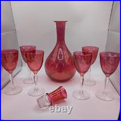 Vintage Etched Cranberry Pink Decanter Set with Glass Stopper + 6 Footed Glasses