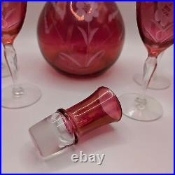 Vintage Etched Cranberry Pink Decanter Set with Glass Stopper + 6 Footed Glasses