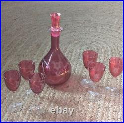 Vintage Etched Floral Cranberry Glass Decanter Barware Serveware Drinkware Set