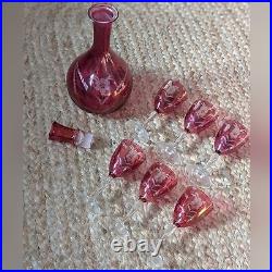 Vintage Etched Floral Cranberry Glass Decanter Barware Serveware Drinkware Set