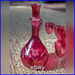 Vintage Etched Floral Cranberry Glass Decanter Barware Serveware Drinkware Set