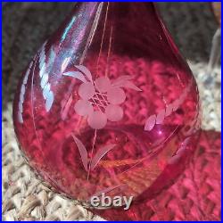 Vintage Etched Floral Cranberry Glass Decanter Barware Serveware Drinkware Set