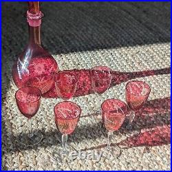 Vintage Etched Floral Cranberry Glass Decanter Barware Serveware Drinkware Set