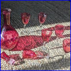 Vintage Etched Floral Cranberry Glass Decanter Barware Serveware Drinkware Set