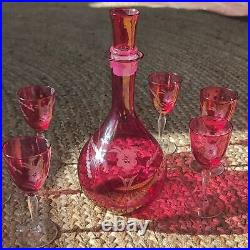 Vintage Etched Floral Cranberry Glass Decanter Barware Serveware Drinkware Set