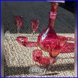 Vintage Etched Floral Cranberry Glass Decanter Barware Serveware Drinkware Set