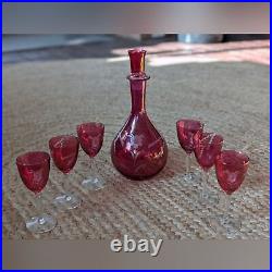 Vintage Etched Floral Cranberry Glass Decanter Barware Serveware Drinkware Set