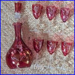 Vintage Etched Floral Cranberry Glass Decanter Barware Serveware Drinkware Set