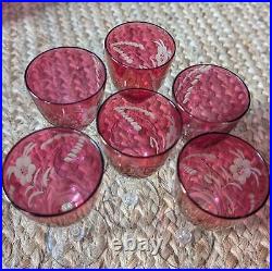 Vintage Etched Floral Cranberry Glass Decanter Barware Serveware Drinkware Set