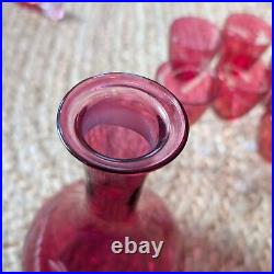 Vintage Etched Floral Cranberry Glass Decanter Barware Serveware Drinkware Set