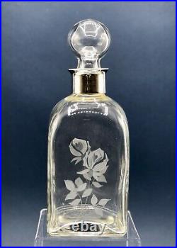Vintage Etched Glass Decanter withBlown Stopper & Sterling Silver Collar /b