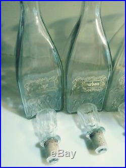Vintage Etched Glass Liquor Decanter Set (5) Scotch Rye Gin Bourbon Canadian
