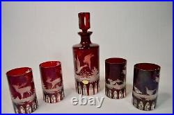 Vintage Etched Red Bohemian Liquor Decanter 4 Matching Tumblers Wildlife Scenes