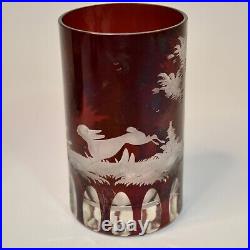 Vintage Etched Red Bohemian Liquor Decanter 4 Matching Tumblers Wildlife Scenes