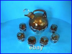 Vintage Farber Bros Farberware Chrome & Amber Glass And 6 Cordials Decanter Set