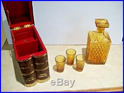 Vintage Faux Book Hidden Amber Decanter & Shot Glasses Home Library Alcohol