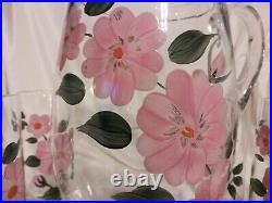 Vintage Federal Glass Pitcher Carafe and 6 Tumblers glasses cups PINK flowers