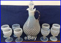 Vintage Fenton Art Glass French Opalescent Hobnail Decanter And 8 Wine Glasses