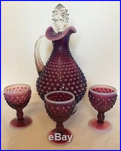 Vintage Fenton Art Glass Plum Opalescent Hobnail Decanter & 3 Wine Glasses