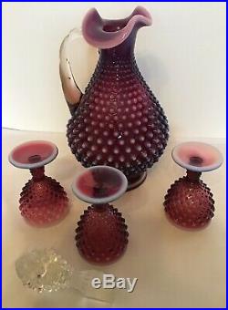 Vintage Fenton Art Glass Plum Opalescent Hobnail Decanter & 3 Wine Glasses