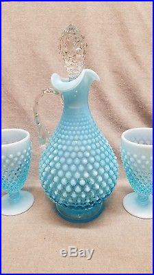 Vintage Fenton Blue Decanter + 4 Glasses Hobnail Opalescent Set